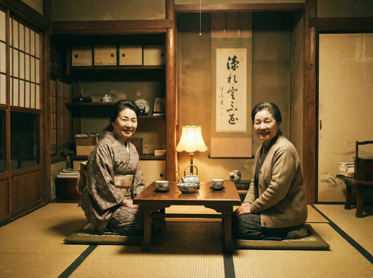 两位优雅的 搞鸡 在日式茶室中品茶交谈